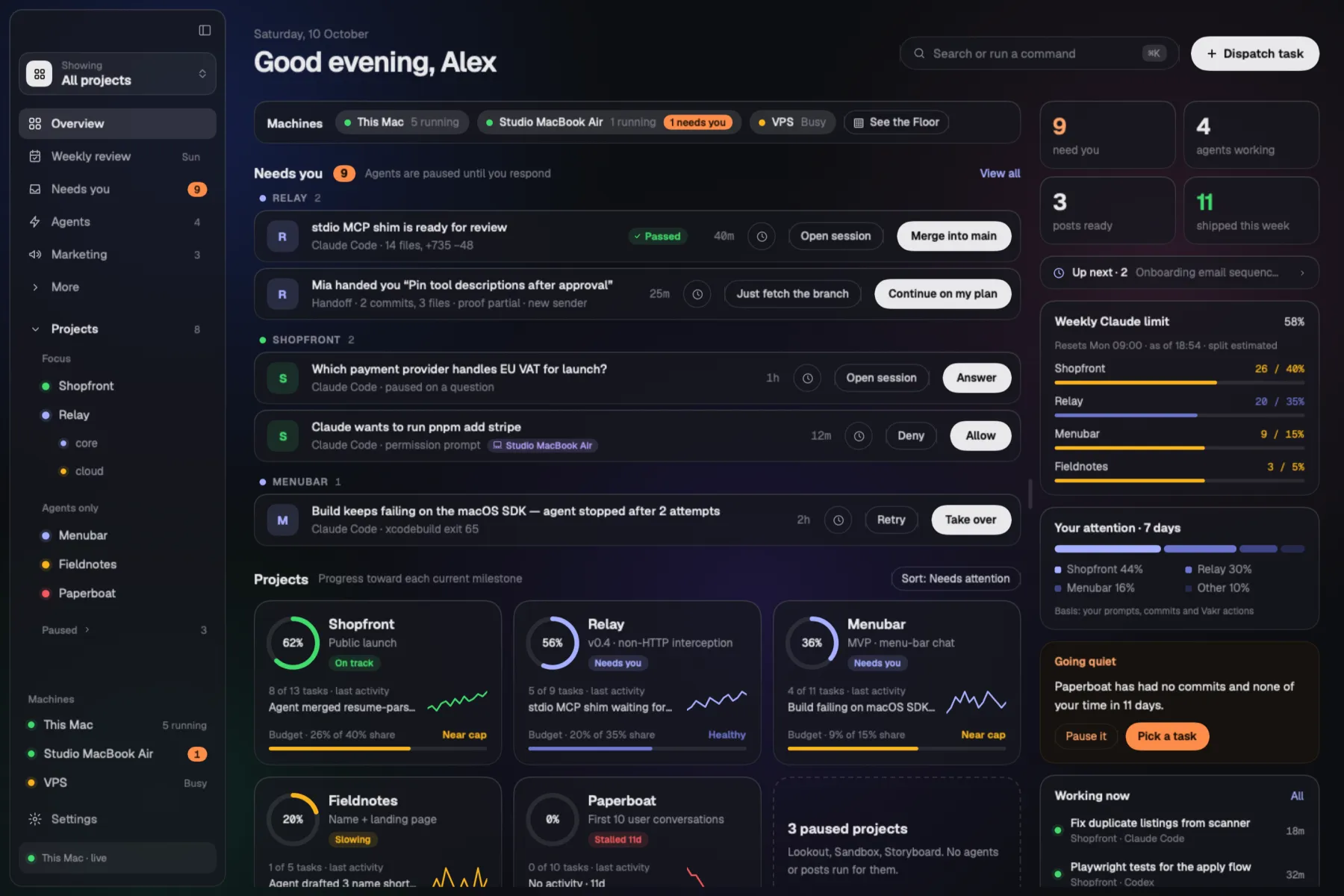 Vakr’s Overview: Projects, running sessions and the Needs you queue